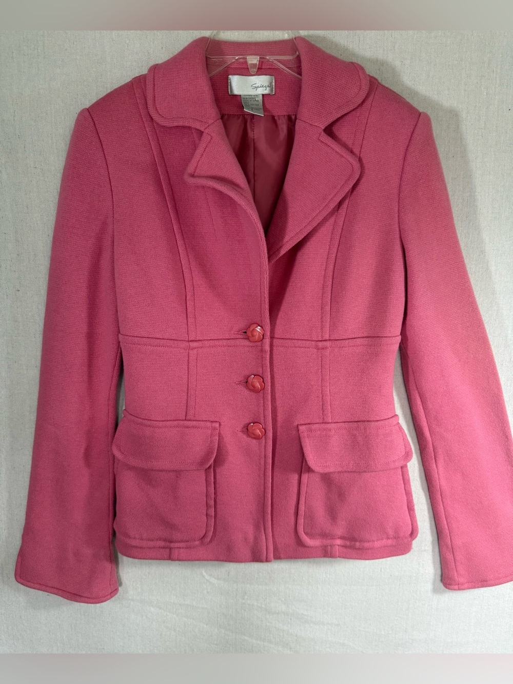 Vintage Spiegel Pink 100% Cotton Knit Skirt Suit Set Size 4 Y2K 2 Piece Blazer
